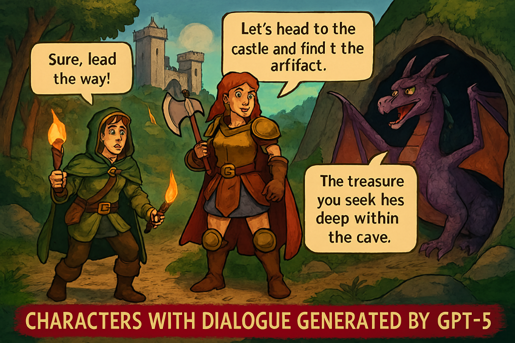 شخصیتهای بازی با دیالوگهای تولید شده توسط GPT-5 در یک صحنه ماجراجویی