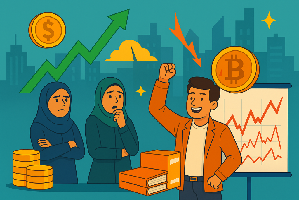سه مدیر کسبوکار در حال واکنش به نوسانات بیتکوین و طلا؛ مردی در حال ارائه نمودار، دو زن مدیر نگران و متفکر؛ در فضای کاری حرفهای