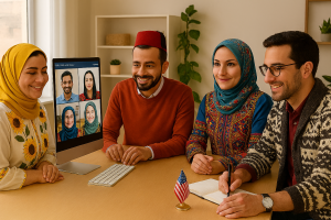 تیمی پویا با لباس‌های محلی متنوع در حال برگزاری جلسه ویدیویی در Microsoft Teams؛ نمادی از همکاری بین‌المللی در فضای دورکاری.