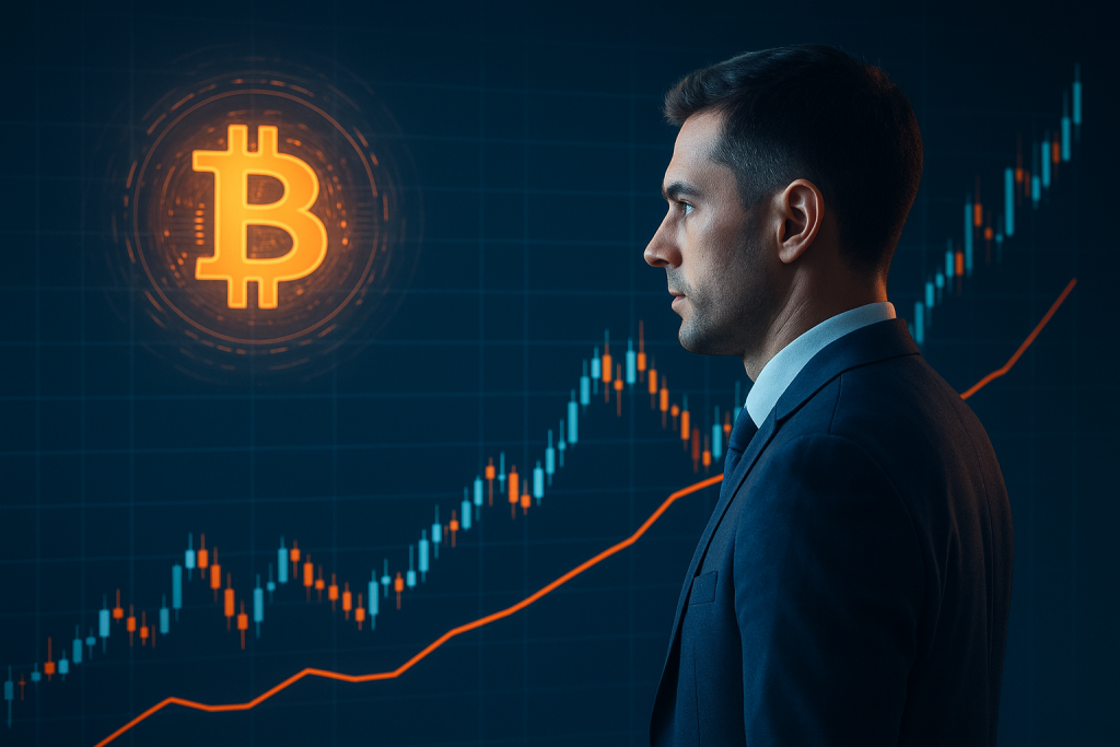 نمودار قیمت بیت کوین در پس‌زمینه و یک صاحب کسب و کار یا کارآفرین