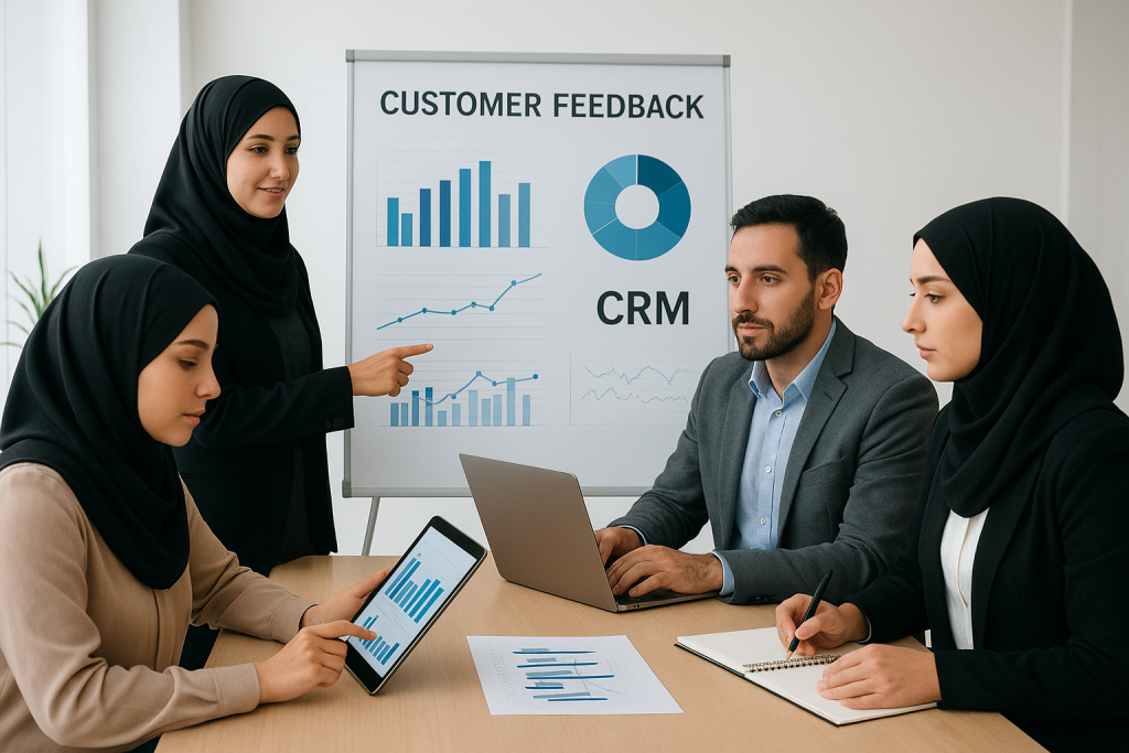 تیم کسب‌وکار در حال جمع‌آوری و تحلیل بازخورد مشتری با استفاده از CRM و نمودارهای داده،