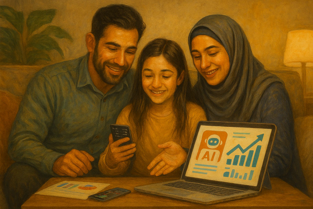 یک خانواده ایرانی در خانه، با لبخند و حس رضایت، در حال بررسی گزارش مالی یا موبایل با نمودارهای سهام.