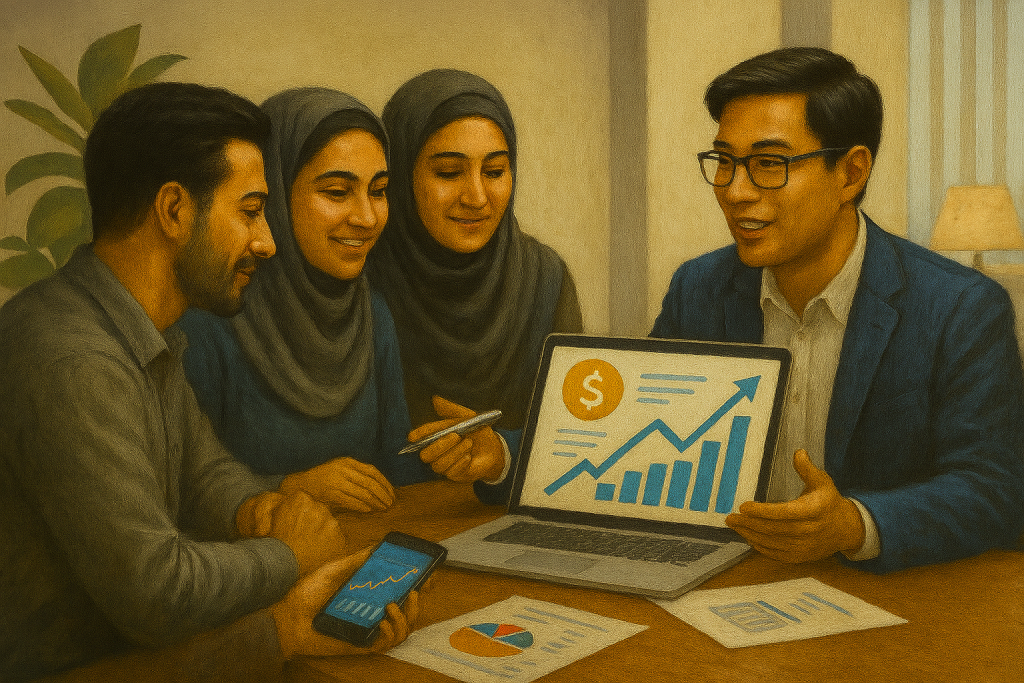 جلسه مشاوره مالی در کلینیک کسب و کار، مشاور در حال توضیح نمودار سهام به مراجعان.