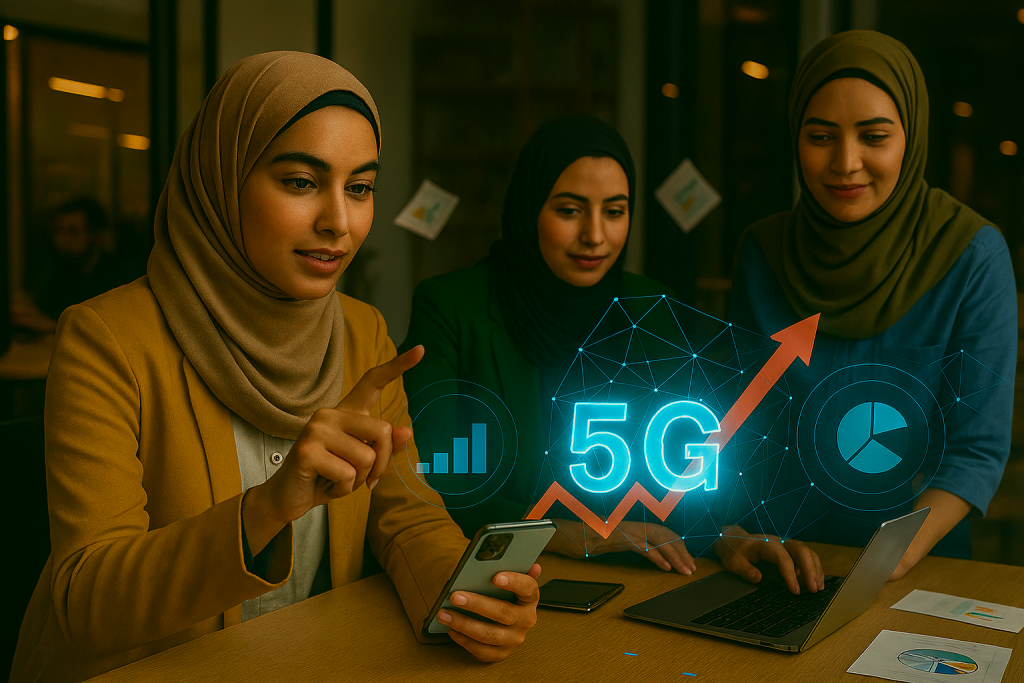 سه خانم در حال کار با موبایل و فناوری 5G
