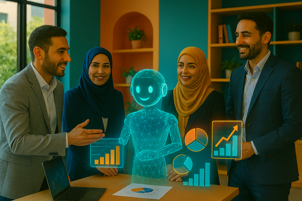 یک فضای کاری مدرن و روشن در یک استارتاپ ایرانی، با تیمی متنوع از مدیران منابع انسانی که ایستاده و در حال همکاری با یک دستیار هوش مصنوعی هولوگرافیک هستند. نمودارها و داشبوردهای تحلیلی در هوا شناورند