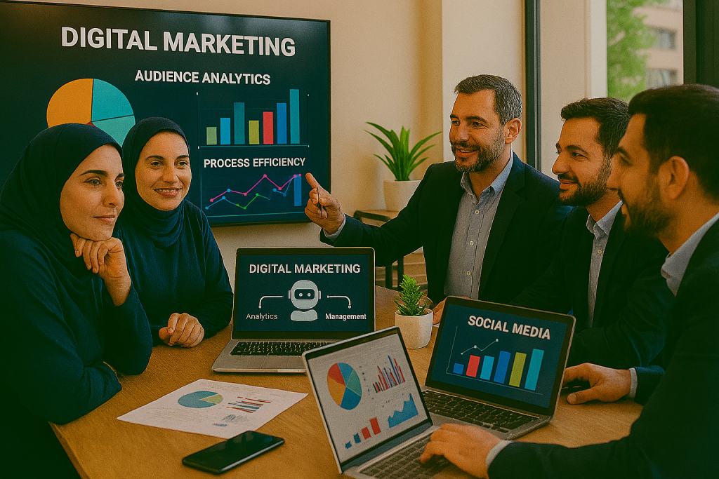 تیم دیجیتال مارکتینگ ایرانی شامل خانم‌ها و اقایان در یک دفتر مدرن و روشن مشغول تحلیل داده‌ها و طراحی کمپین هستند. مانیتورها و لپ‌تاپ‌ها نمایشگر نمودارهای دیجیتال و شبکه‌های اجتماعی‌اند. چهره‌ها طبیعی و متعادل‌اند و تصویر حس تعامل، همکاری و تمرکز را منتقل می‌کند.
