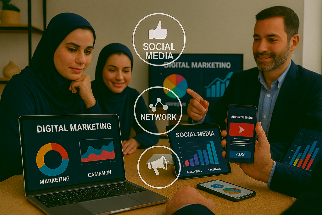 کاربر ایرانی شامل خانم‌ها و اقایان در محیط کاری شیک و روشن مشغول تعامل آنلاین و تحلیل داده هستند. لپ‌تاپ نمایشگر نمودارهای دیجیتال مارکتینگ و آنالیتیکس است. چهره‌ها طبیعی و متعادل‌اند و تصویر حس ارتباط آنلاین و فضای حرفه‌ای را منتقل می‌کند.
