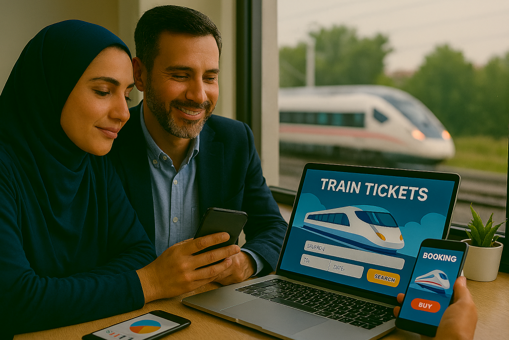 زن و مردی کنار میز کاری مدرن نشسته‌اند و در حال بررسی وب‌سایت فروش بلیط قطار روی لپ‌تاپ هستند. گوشی هوشمند با اپلیکیشن خرید بلیط کنار لپ‌تاپ قرار دارد. از پنجره بزرگ، قطار پرسرعت در حال حرکت دیده می‌شود.تصویر حس دیجیتالی، سفر و تعامل را منتقل می‌کند.
