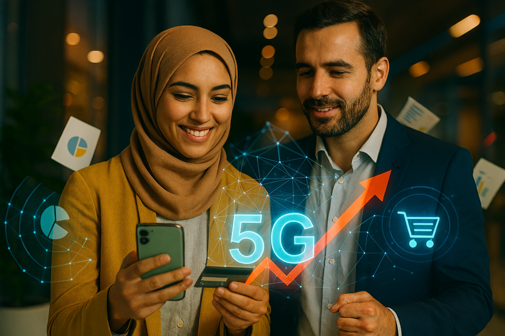 خانم و آقایی در حال خرید آنلاین محصول با گوشی همراه.
