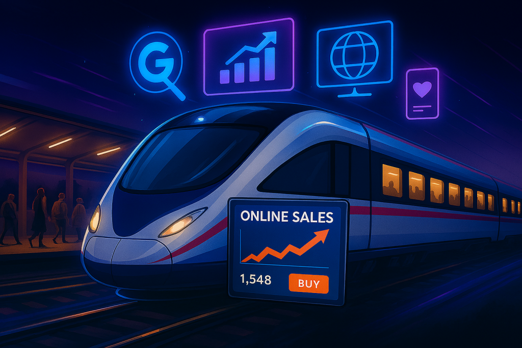 قطار مدرن شبانه با نور نئون آبی و بنفش در حال حرکت روی ریل است. بالای قطار آیکون‌های دیجیتال مانند ذره‌بین گوگل، نمودار رشد، موبایل و وب به‌صورت هولوگرافی معلق‌اند. داشبورد "ONLINE SALES" با نمودار صعودی و دکمه خرید در پیش‌زمینه دیده می‌شود. تصویر حس سرعت، تکنولوژی و موفقیت کسب‌وکار را منتقل می‌کند.
