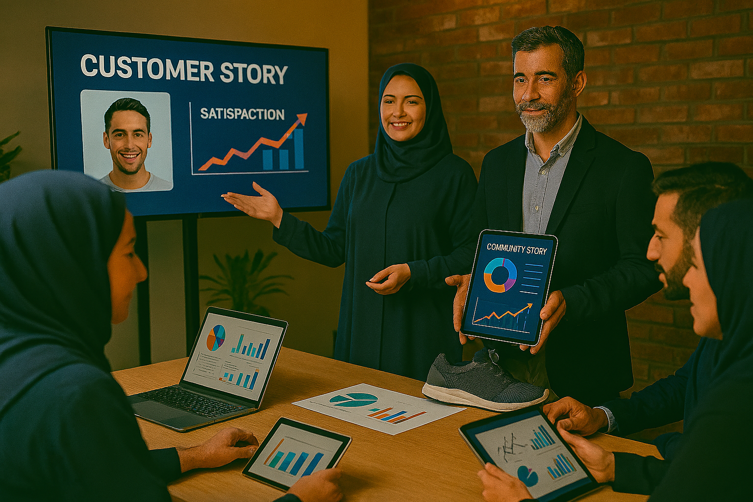 خانم و اقایی در حال ارائه داستان برند و تجربه مشتری در یک کارگاه آموزشی هستند. مخاطبان با لپ‌تاپ و تبلت روبه‌روی آن‌ها نشسته‌اند. روی میز ابزارهای دیجیتال، نمودارها و نمونه محصول دیده می‌شود. نورپردازی گرم و چهره‌های طبیعی حس تعامل زنده و روایت حرفه‌ای را منتقل می‌کند.