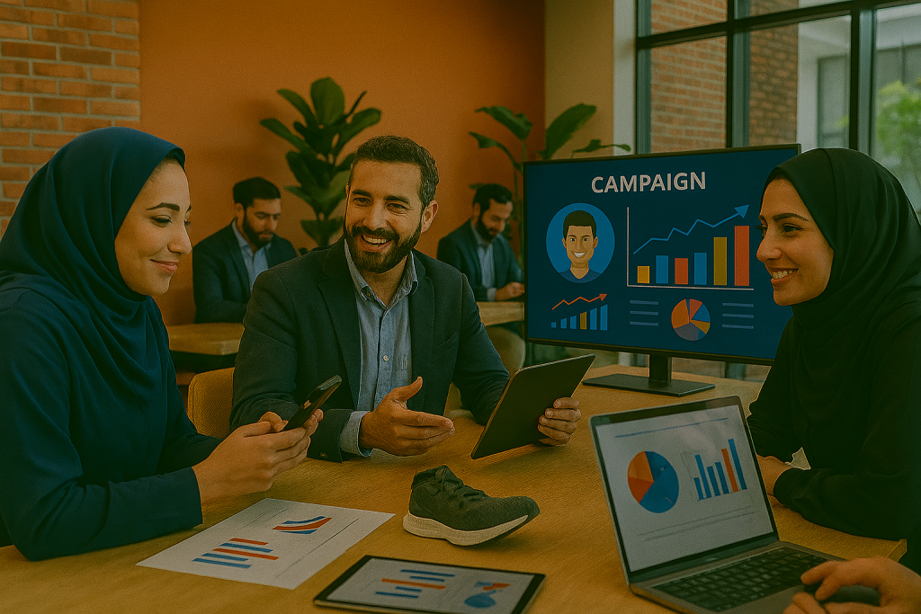 در محیط کاری باز و پویایی تیمی شامل خانم‌ها و مردان در حال تعامل با گوشی، لپ‌تاپ و تبلت هستند. روی میز نمایشگر بزرگ با نمودارهای دیجیتال دیده می‌شود. چهره‌ها طبیعی و متعادل‌اند و تصویر حس کمپین تعاملی، همکاری تیمی و تحلیل داده‌ها را منتقل می‌کند.
