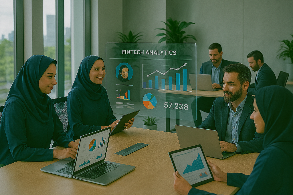 دفتر مدرن فینتک در ایران ۲۰۲۵ با نور طبیعی و طراحی مینیمال. زنان و مردان در حال کار با لپتاپ و تبلت هستند. نمایشگر شفاف نمودارهای دیجیتال و تحلیل دادهها را نشان میدهد. چهرهها طبیعی و متعادلاند و تصویر حس تکنولوژی، همکاری حرفهای و آیندهنگری را منتقل میکند.