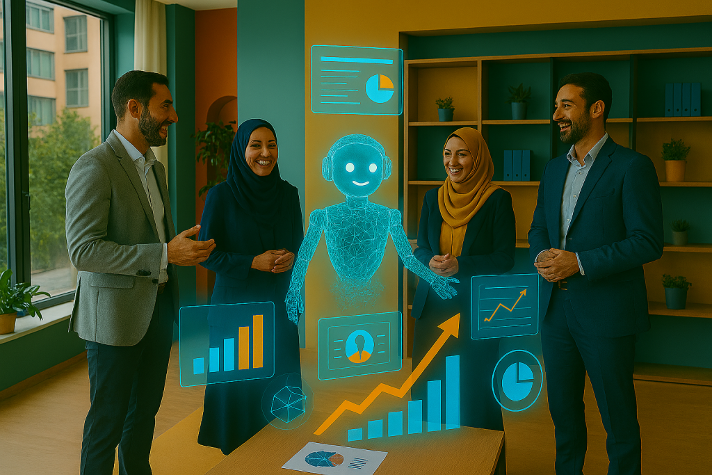 تصویرچهار نفر ازکارکنان استارتاپ در حال کار با هوش مصنوعی هستند.