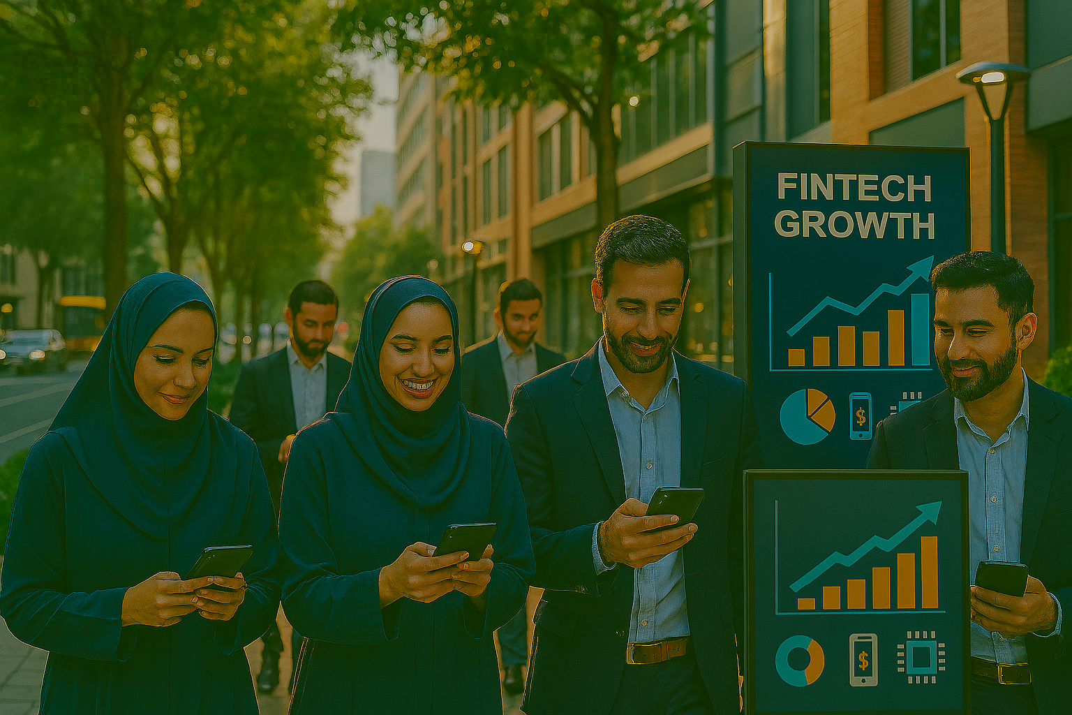 خیابان شهری مدرن در ایران ۲۰۲۵ با زنان و مردانی که در حال استفاده از اپلیکیشن‌های مالی موبایل هستند. تابلوهای دیجیتال نمودارهای رشد فین‌تک را نمایش می‌دهند. طراحی شهری مدرن، نور طبیعی و چهره‌های طبیعی حس زندگی شهری و تکنولوژی را منتقل می‌کند.