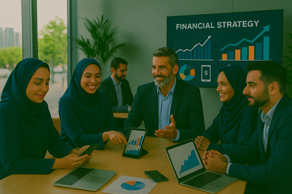 زنان و مردانی  در اتاق جلسه مدرن با نور طبیعی، در حال بررسی نمودارهای دیجیتال و برنامه‌ریزی استراتژیک برای کسب‌وکار هستند. نمایشگر بزرگ روی دیوار نمودارهای مالی را نشان می‌دهد. چهره‌ها طبیعی و متعادل‌اند و تصویر حس همکاری، نوآوری مالی و فضای حرفه‌ای را منتقل می‌کند.
