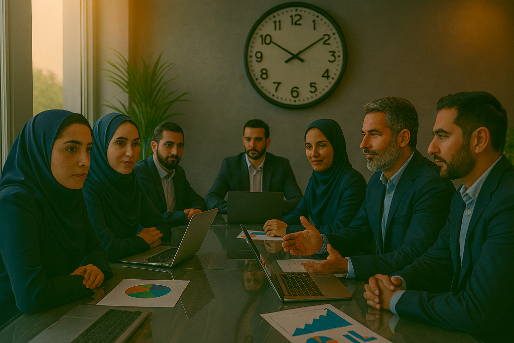 سالن کنفرانس مدرن با نور طبیعی روز، گروهی از مدیران ایرانی شامل خانم‌ها و آقایان دور میز شیشه‌ای نشسته‌اند. روی دیوار ساعت بزرگی با عقربه در حال حرکت دیده می‌شود. روی میز لپ‌تاپ‌ها و نمودارهای رنگی قرار دارد. 
