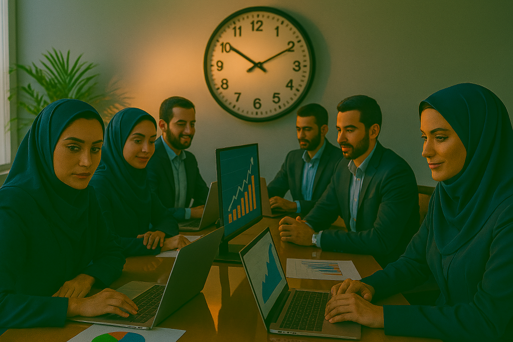 دفتر کار مدرن با دکوراسیون مینیمال ایرانی، تیمی جوان شامل زنان و مردان  در حال کار با لپ‌تاپ و مانیتورهای بزرگ هستند. نمودارهای مالی روی مانیتورها و ساعت دیواری بزرگ در پس‌زمینه دیده می‌شود. 
