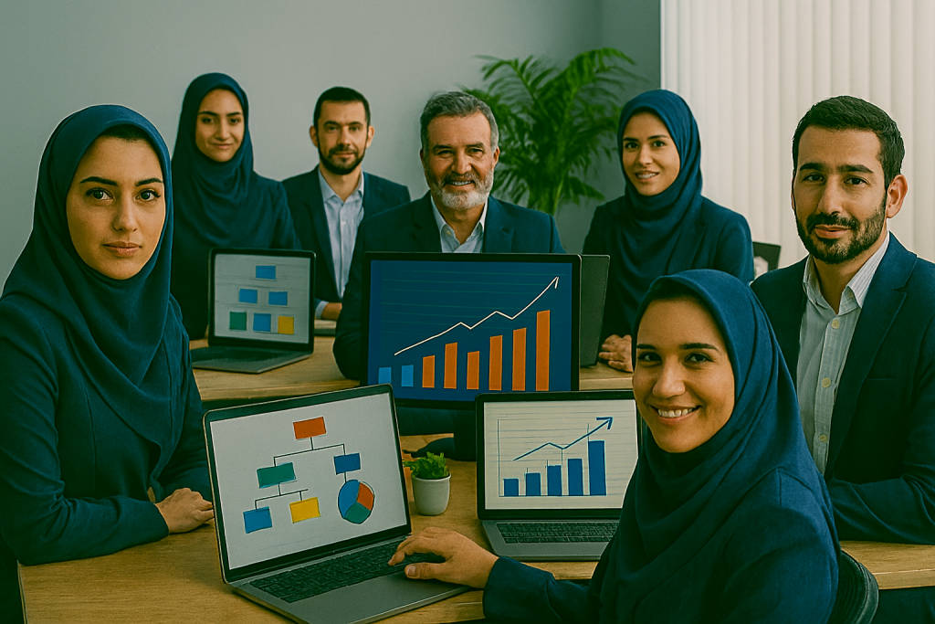 دفتر مدرن کسب‌وکار با تیمی از مردان و زنان  که پشت میزها و لپ‌تاپ‌ها نشسته‌اند. نمودارها و چارت‌های سازمانی روی مانیتورها دیده می‌شود.
