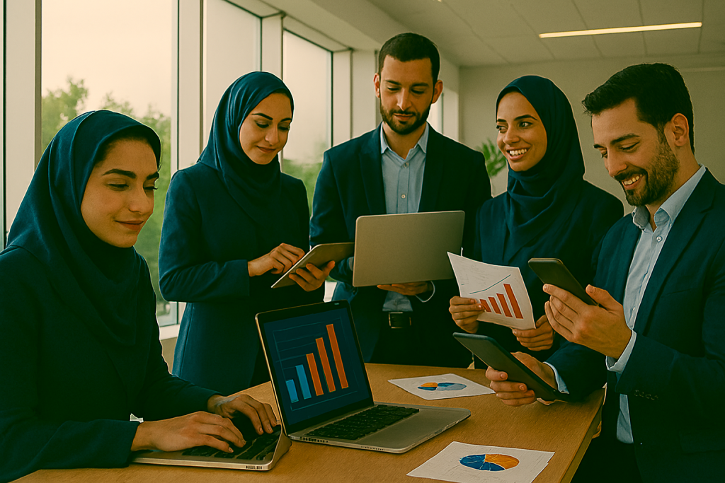 تیم کسب‌وکار دیجیتال در فضای باز یا دفتر مدرن، زنان و مردان در حال اجرای وظایف مشخص با لپ‌تاپ و تبلت هستند. نمودارهای رنگی روی میز دیده می‌شود. 