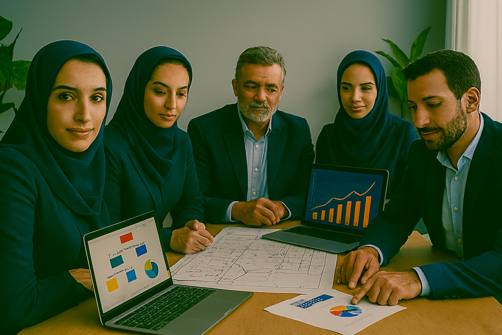 اتاق مدرن کسب‌وکار با تیمی از مدیران و کارمندان ایرانی که پشت میز نشسته‌اند و در حال بررسی نقشه پروژه یا نمایشگر دیجیتال هستند. 