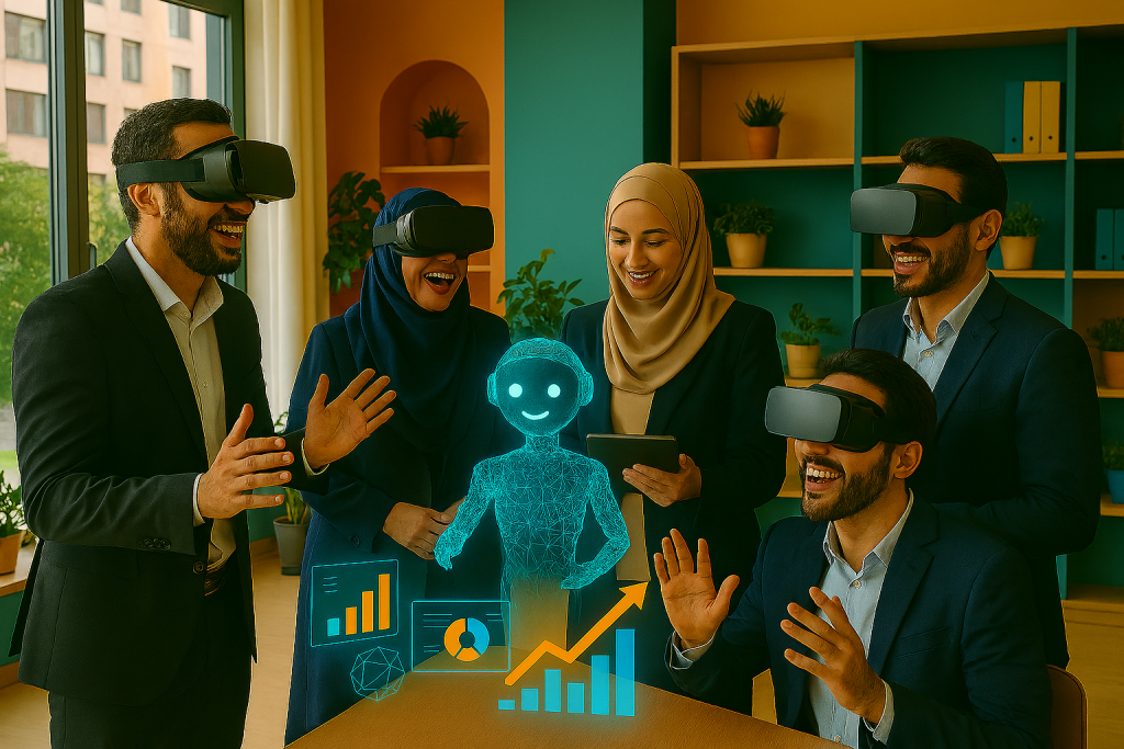 محیط کاری آموزشی در یک استارتاپ ایرانی، کارکنانی در حال تجربه‌ای تعاملی با هدست‌های VR و تبلت. 
