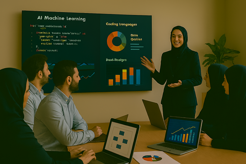 کلاس یا ورکشاپ آنلاین با حضور خانم‌ها و آقایان، در حال یادگیری مهارت‌های دیجیتال مثل کدنویسی و تحلیل داده. همه با تمرکز بالا به تابلو دیجیتال با نمودارهای رنگی نگاه می‌کنند.
