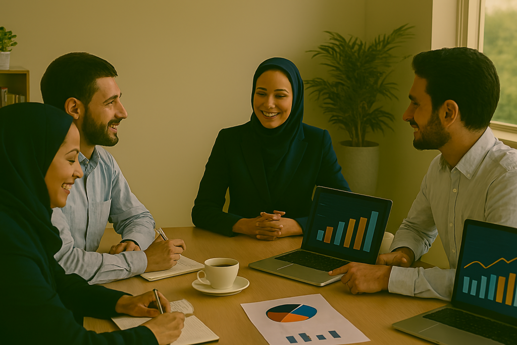 جلسه مشاوره کسب‌وکار با افراد در حال تحلیل استراتژی حول میز کاری. خانم‌ها و آقایان، مشغول بررسی نمودارها و برنامه‌ریزی هستند.