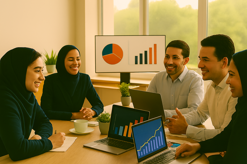 تیم استارتاپی شامل سه خانم و دو آقا در دفتر مدرن با میز چوبی و نور طبیعی از پنجره‌های بزرگ مشغول کار گروهی هستند. چهره‌ها طبیعی، متعادل و با لبخندهای ملایم‌اند. همه در حال بررسی نمودارها، یادداشت‌برداری و تبادل نظر حرفه‌ای هستند. 