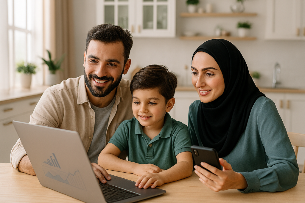 خانواده‌ای جوان ایرانی در خانه‌ای مدرن، در حال مدیریت کسب‌وکار آنلاین با لپ‌تاپ و گوشی. فضایی روشن، چهره‌هایی امیدوار، و نمودارهای رشد درآمد روی صفحه نمایش.
