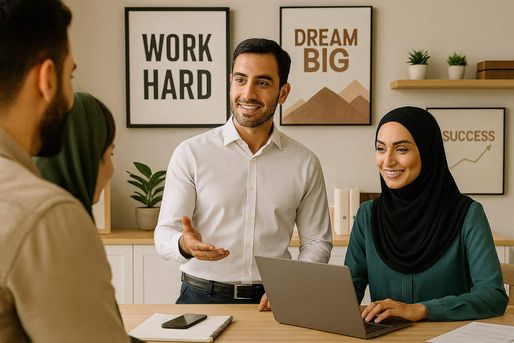 دفتر کاری مدرن ایرانی با صاحب کسب‌وکار در حال معرفی خدمات به مشتریان و کارمند خانم  در حال ثبت اطلاعات. دیوارها با تابلوهای انگیزشی و فضای پرانرژی و امیدوارانه.
