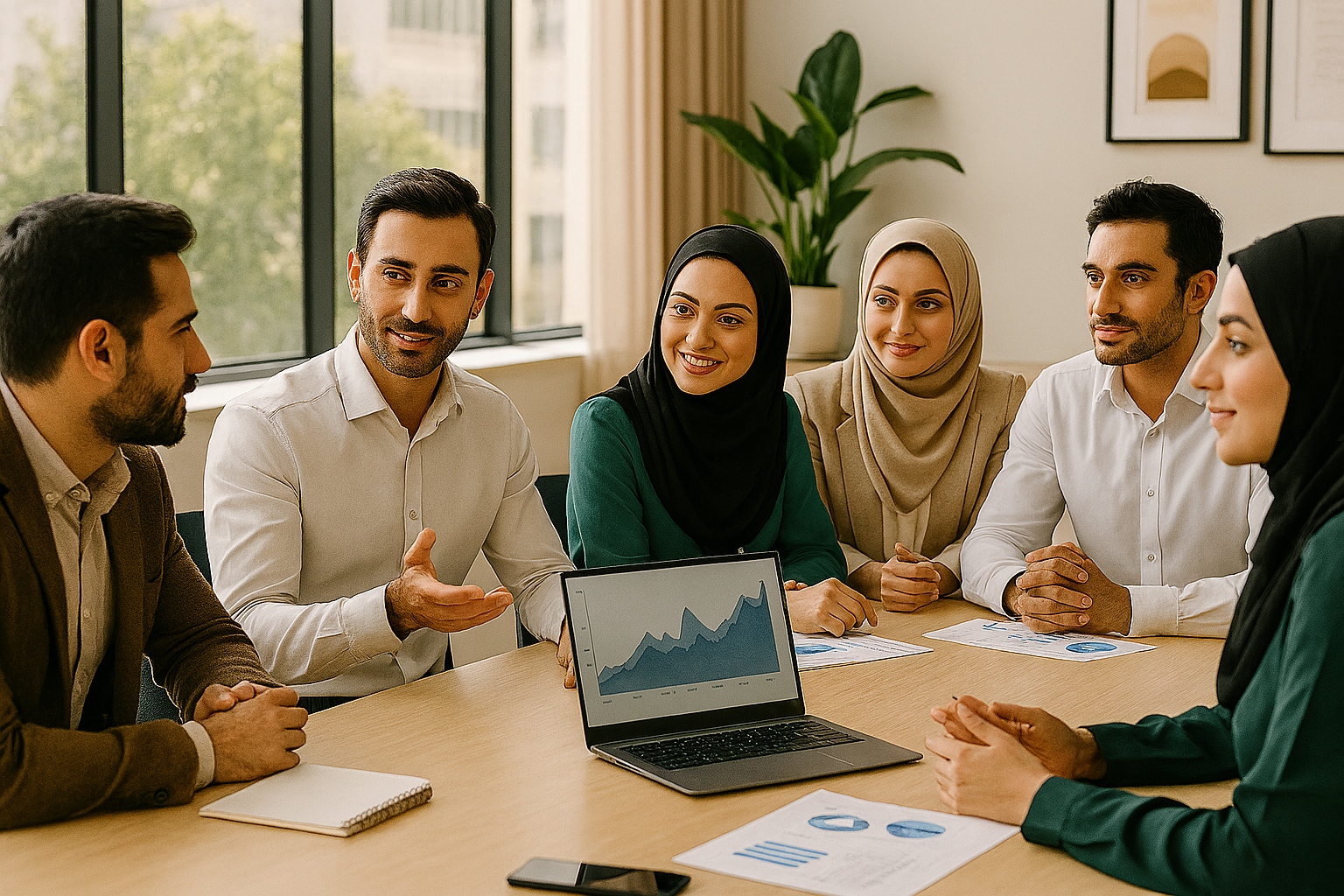 جلسه‌ای حرفه‌ای در سالن کاری مدرن با حضور مردان و زنان ایرانی . افراد در حال گفت‌وگو درباره استراتژی کسب‌وکار، با لپ‌تاپ و نمودارهای مالی روی میز. فضای پرنور، متمرکز و پرانرژی.