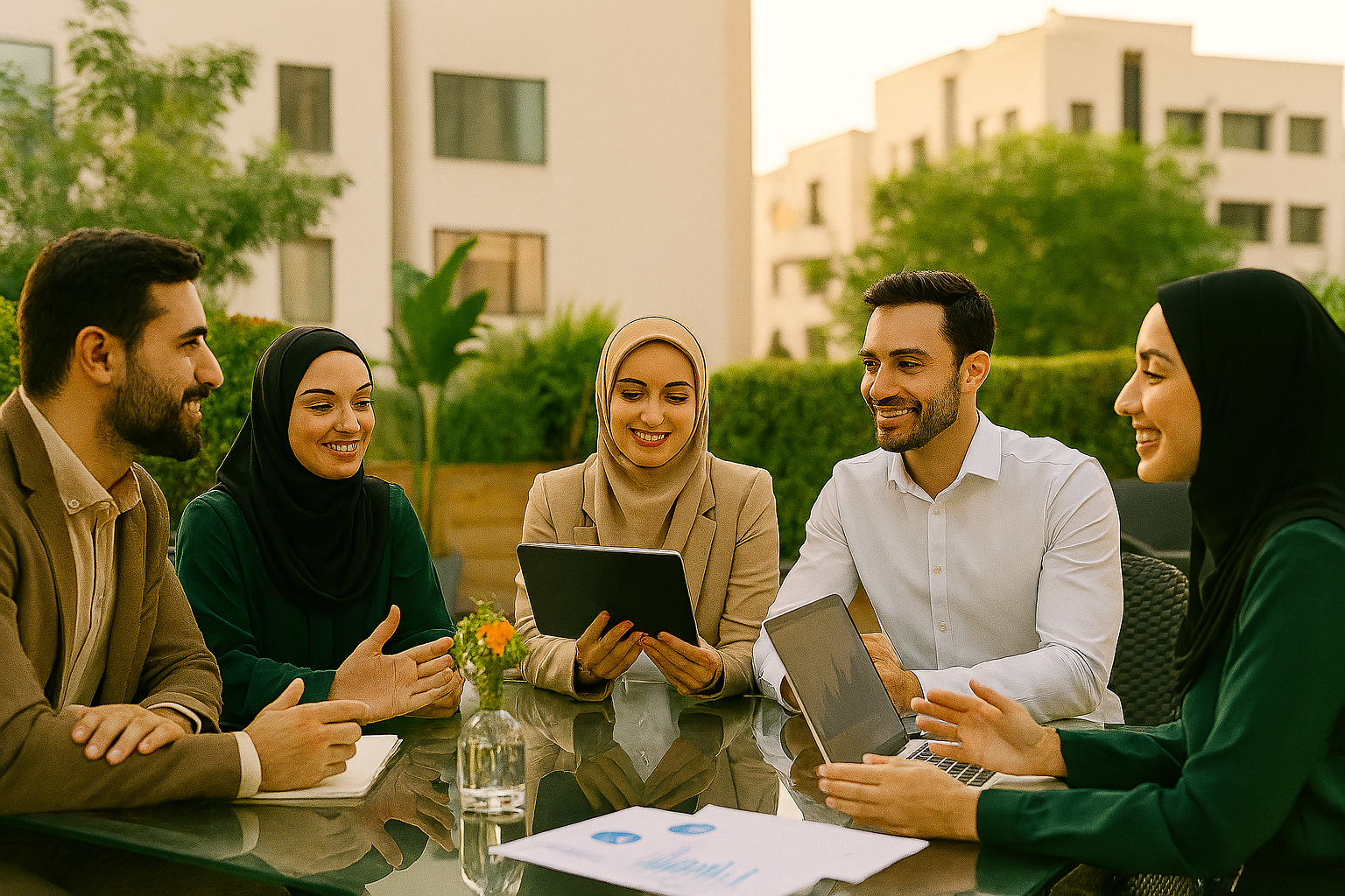 تیم کسب‌وکار ایرانی در حال همفکری در تراس سبز با نور طبیعی. خانم‌ها و آقایان، در حال تعامل با لپ‌تاپ و تبلت. فضای باز با میزهای شیشه‌ای.
