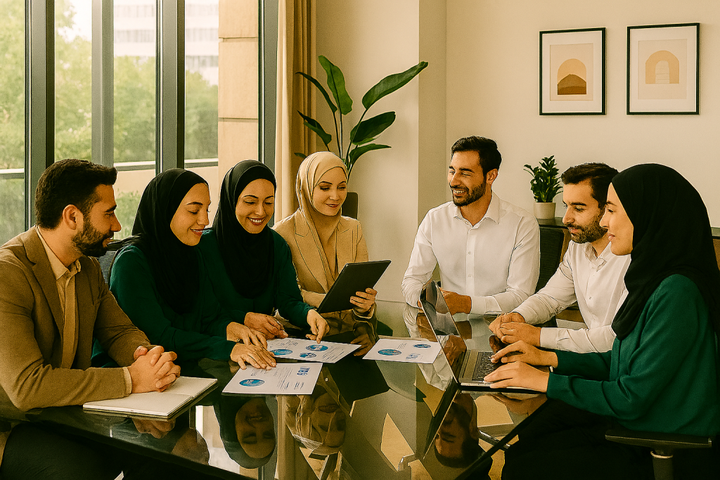 تیم حرفه‌ای ایرانی در دفتر مدرن با پنجره‌های بلند و نور طبیعی، در حال بررسی برنامه‌های استراتژیک روی میز شیشه‌ای. خانم‌ها و آقایان، در حال تعامل با لپ‌تاپ و تبلت. 
