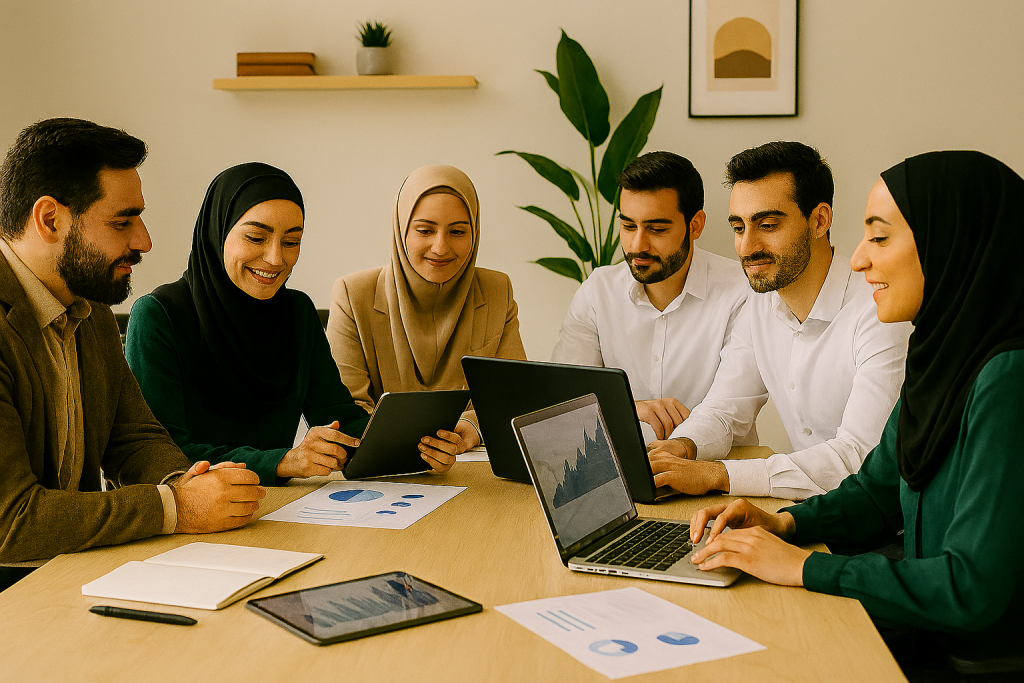 تیم حرفه‌ای ایرانی در حال تحلیل داده و تدوین استراتژی کسب‌وکار در فضای کاری مدرن با نور طبیعی. خانم‌ها و آقایان، در حال تعامل گروهی با لپ‌تاپ، تبلت و نمودارهای چاپ‌شده.
