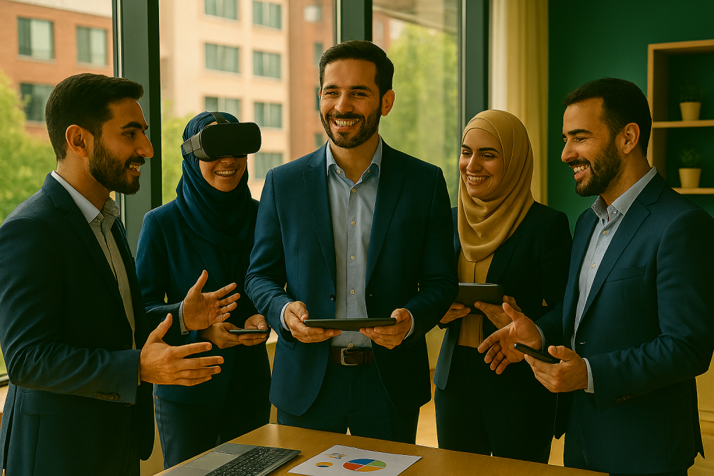 مدیر استارتاپ در مرکز تصویر ایستاده، با تبلت در دست، و کارکنان در اطرافش ایستاده‌اند.  
