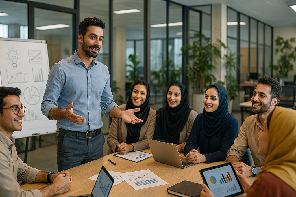 ارائه ایده کسب‌وکار توسط کارآفرین جوان ایرانی در محیط کاری مدرن با دیوارهای شیشه‌ای و نور طبیعی؛ حضار شامل خانم‌ها و آقایان.میزهای کاری با لپ‌تاپ، اسناد، نمودارها و گیاهان داخلی در پس‌زمینه.
