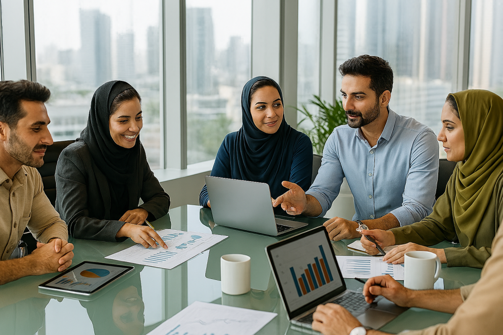 جلسه سرمایه‌گذاری حرفه‌ای در دفتر کاری مدرن با نور طبیعی؛ افراد با چهره‌های جذاب شامل خانم‌ها و آقایان، در حال تحلیل نمودارهای مالی و تعامل فعال؛ میز شیشه‌ای بزرگ با لپ‌تاپ‌ها، تبلت‌ها، اسناد، ماگ‌های قهوه و قلم‌ها؛ پس‌زمینه شامل پنجره‌های بزرگ با نمای شهری.
