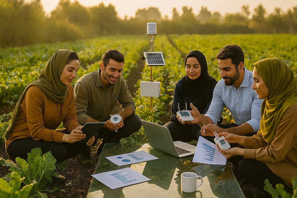 مزرعه هوشمند ایرانی در صبح زود با نور طلایی؛ کارآفرینان جوان شامل خانم‌ و آقایان در حال بررسی دستگاه‌های سنجش رطوبت و دما؛ ردیف‌های مرتب سبزیجات، خاک مرطوب، گل‌های تازه، ابزارهای کشاورزی مدرن و حس نوآوری و پیشرفت در کشاورزی پایدار.
