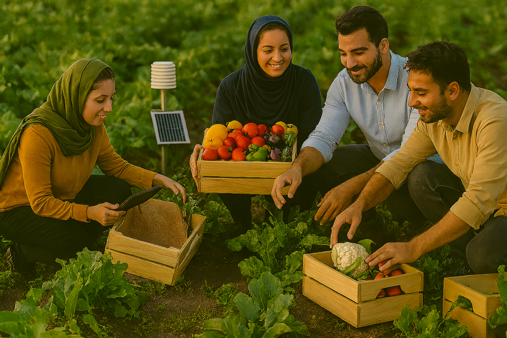 برداشت سبزیجات و میوه‌های تازه توسط تیم استارتاپی ایرانی در مزرعه‌ای سرسبز؛ چهار نفر شامل خانم‌هاو آقایان در حال جمع‌آوری محصولات رنگارنگ مانند فلفل، گوجه، بادمجان و گل‌کلم؛ سبدهای چوبی، خاک مرطوب، نور طبیعی و تعامل واقعی با محیط کشاورزی، با حس بهره‌وری و نوآوری.
