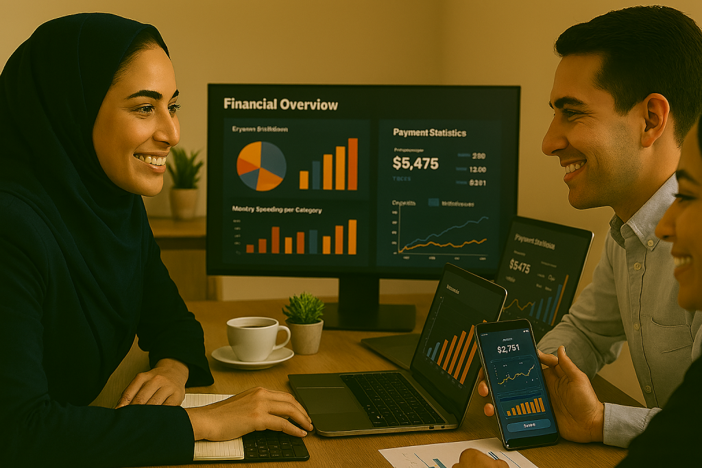 یک خانم و یک مرد پشت میز کاری مدرن در حال بررسی داشبوردهای مالی دیجیتال هستند. نمودارهای رنگی روی نمایشگرها، نورپردازی گرم، دقت و هوشمندی در مدیریت مالی را منتقل میکند.