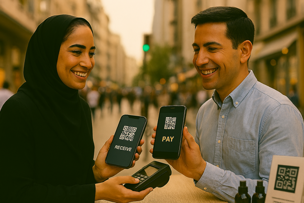 در خیابان شلوغ شهری، یک خانم و یک مرد ایستادهاند و گوشیهای موبایلشان را به هم نشان میدهند. صفحه گوشیها QR Code و گزینههای پرداخت را نمایش میدهد. تصویر حس پرداخت آنلاین سریع، امن و مدرن در فضای عمومی را منتقل میکند.