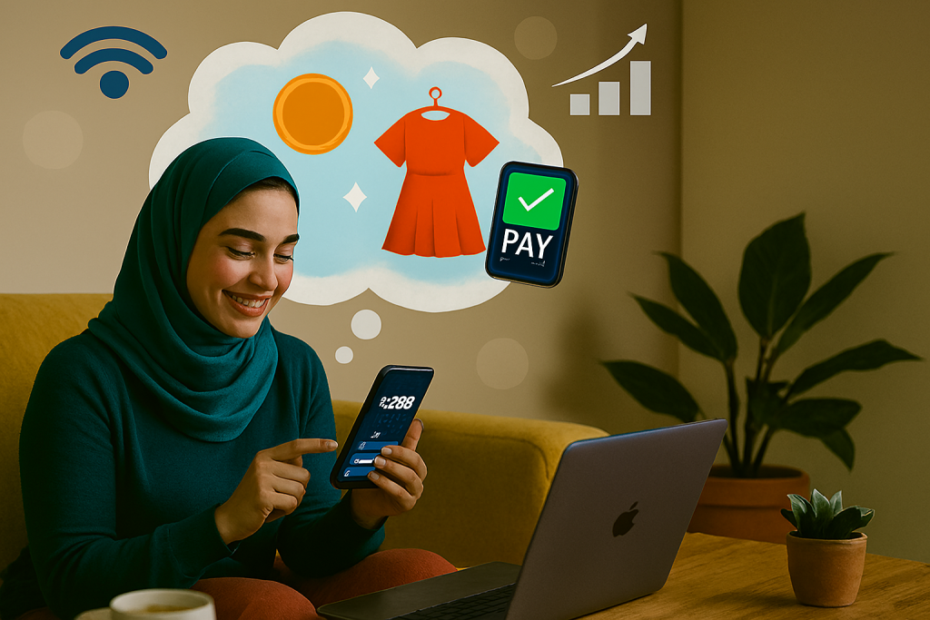 خانمی در فضای خانه روی مبل نشسته و با گوشی موبایلش کار میکند. بالای سرش ابر فکری دیجیتال با نمادهایی از خرید لباس، پرداخت آنلاین و سکهها دیده میشود.