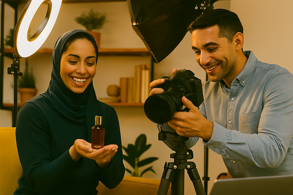 خانمی و آقایی در یک استودیو کوچک و روشن در حال ضبط ویدئو یا عکاسی از محصول هستند. زن با لبخند طبیعی محصول را در دست دارد و مرد در حال تنظیم دوربین حرفه‌ای است. تجهیزات نورپردازی، رنگ‌های گرم و جزئیات دقیق حس هیجان و تمرکز کاری را منتقل می‌کند.
