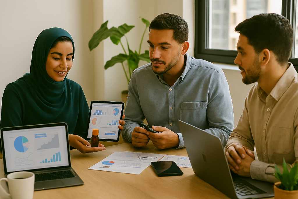 تیم کسب‌وکار آنلاین شامل یک زن و دو مرد در اتاقی مدرن و روشن مشغول بررسی داده‌های تحلیلی هستند. لپ‌تاپ‌ها، تبلت‌ها، نمودارها و اسناد روی میز قرار دارند.
