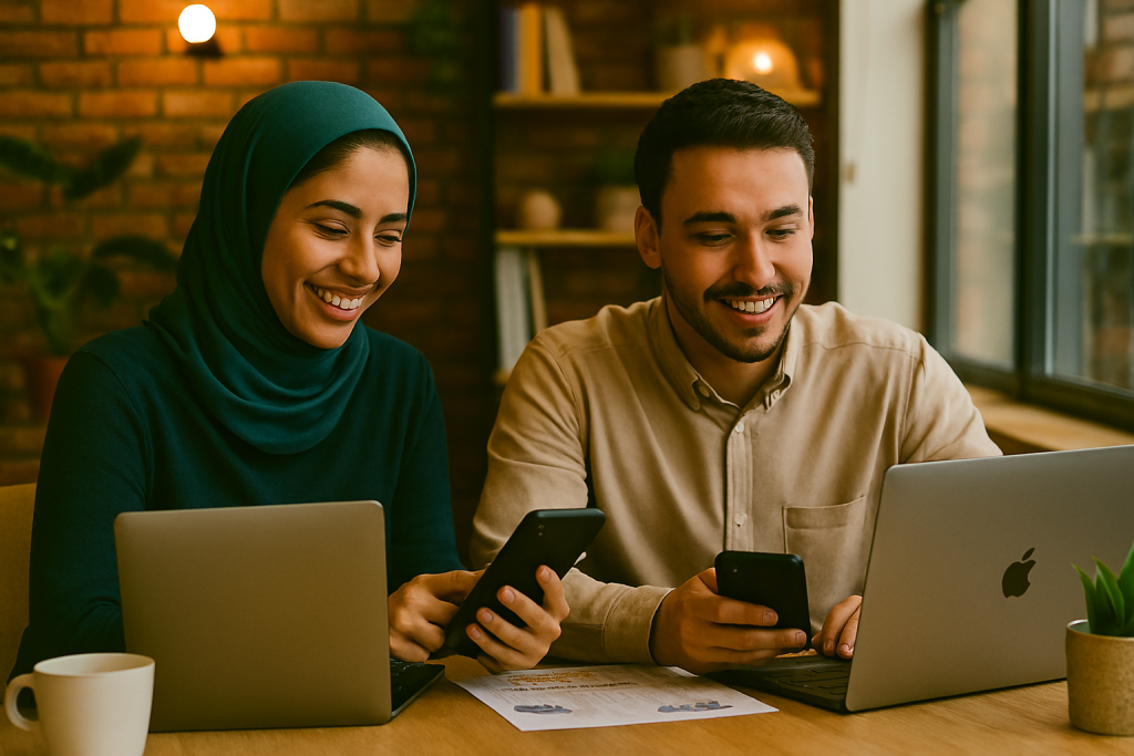 در فضای کاری، یک خانم و یک آقا  پشت میز چوبی نشسته‌اند و در حال پاسخ دادن به پیام‌ها و چت‌های مشتریان هستند. گوشی و لپ‌تاپ روی میز قرار دارد، نور طبیعی فضا را روشن کرده، و تصویر حس حرفه‌ای و صمیمی تعامل با مشتری را منتقل می‌کند.
