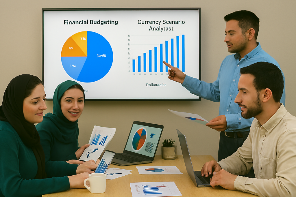 در اتاق جلسه‌ای روشن، مدیران کسب‌وکار ایرانی شامل خانم‌ها و آقایان  مشغول بررسی بودجه‌بندی مالی و تحلیل سناریوهای ارزی هستند. 
