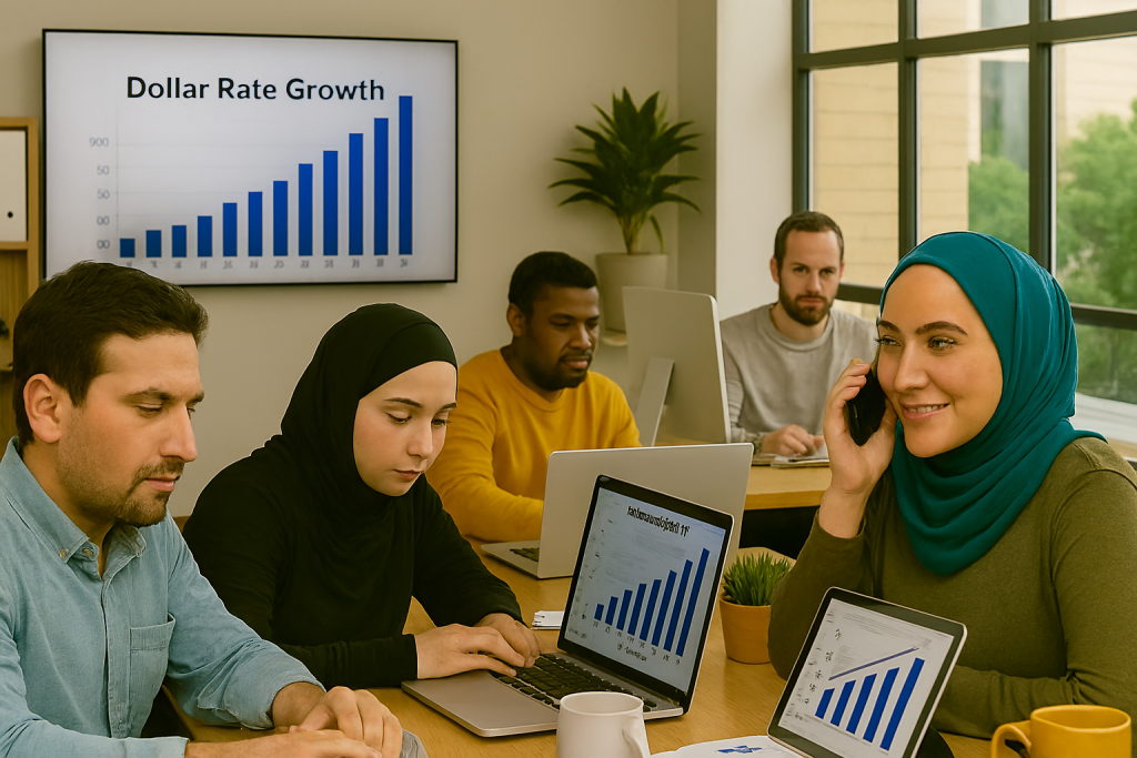 در یک شرکت ایرانی، کارکنان شامل خانم‌ها و آقایان پشت میزهای کاری خود نشسته‌اند و مشغول تحلیل تأثیر افزایش نرخ دلار هستند. نمودارهای مالی روی صفحه نمایش‌ها دیده می‌شوند.