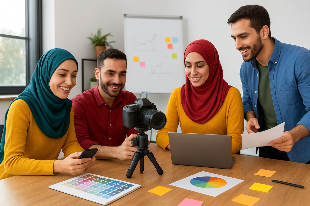 گروه تولید محتوای شرکت دیجیتال مارکتینگ، در حال تولید محتوا با ابزار های مختلف هستند مانند لبتاب دوربین و...