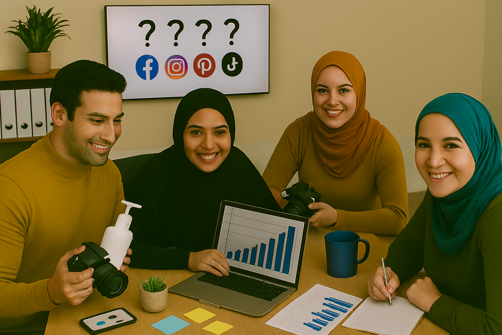 سه عضو تیم کسب‌وکار دیجیتال ایرانی شامل دو خانم و یک آقا در فضای اداری روشن و حرفه‌ای دور میز چوبی نشسته‌اند. آقا در حال بررسی یک بطری پمپ‌دار سفید با دوربین DSLR است، خانم‌ها با لبخند طبیعی مشغول بررسی نمودار رشد برند روی لپ‌تاپ و یادداشت‌برداری هستند. صفحه نمایش بزرگ در پس‌زمینه لوگوهای شبکه‌های اجتماعی را نشان می‌دهد. 
